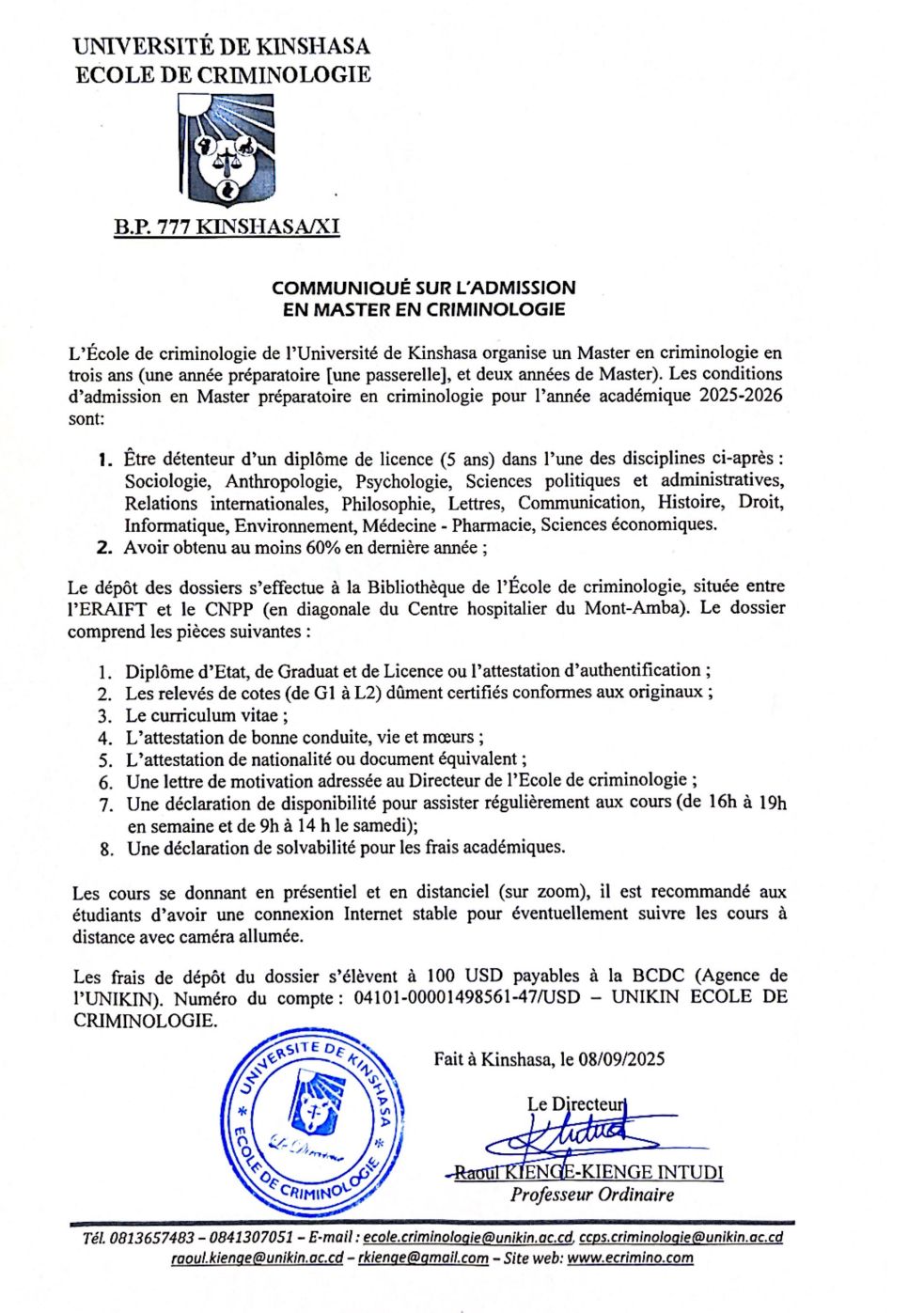 L'Excellence en criminologie : Inscrivez-vous au master de l'École de Criminologie de l'UNIKIN dès maintenant pour l’année académique 2025-2026