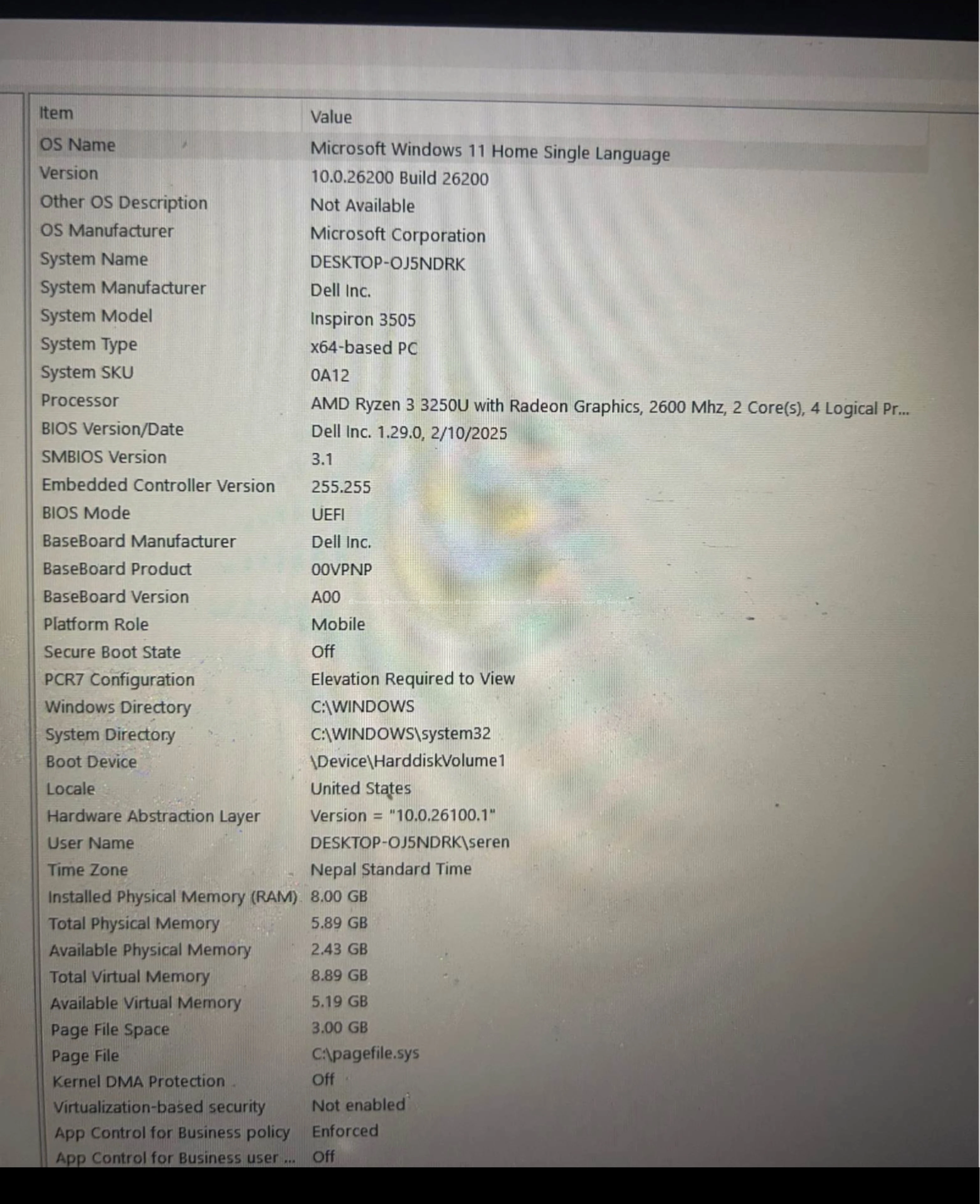 Dell inspiron 3505 Amd ryzen 3 3250U 8 GB Ram SSD 3