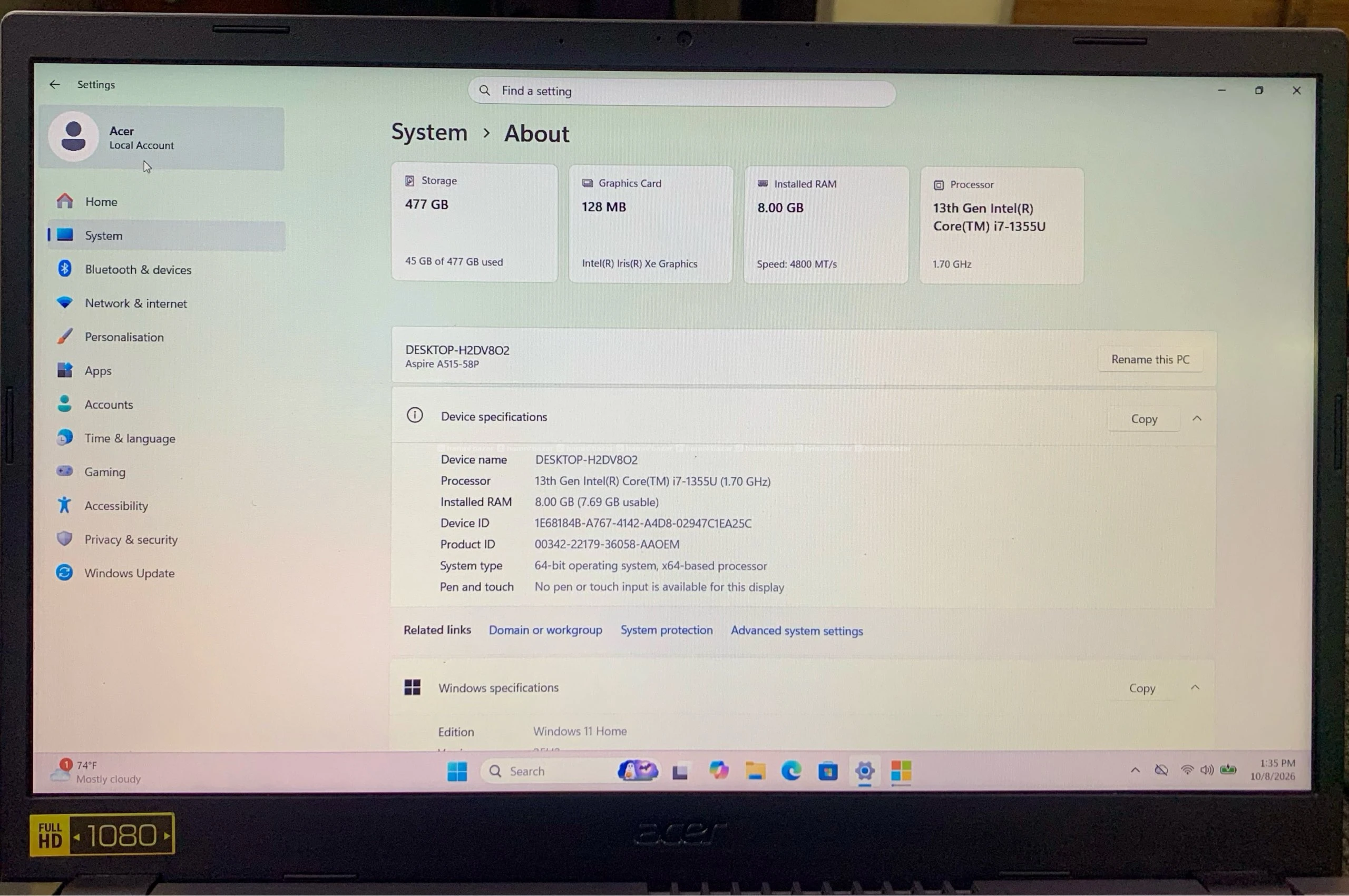 Acer I7-13gen Laptop