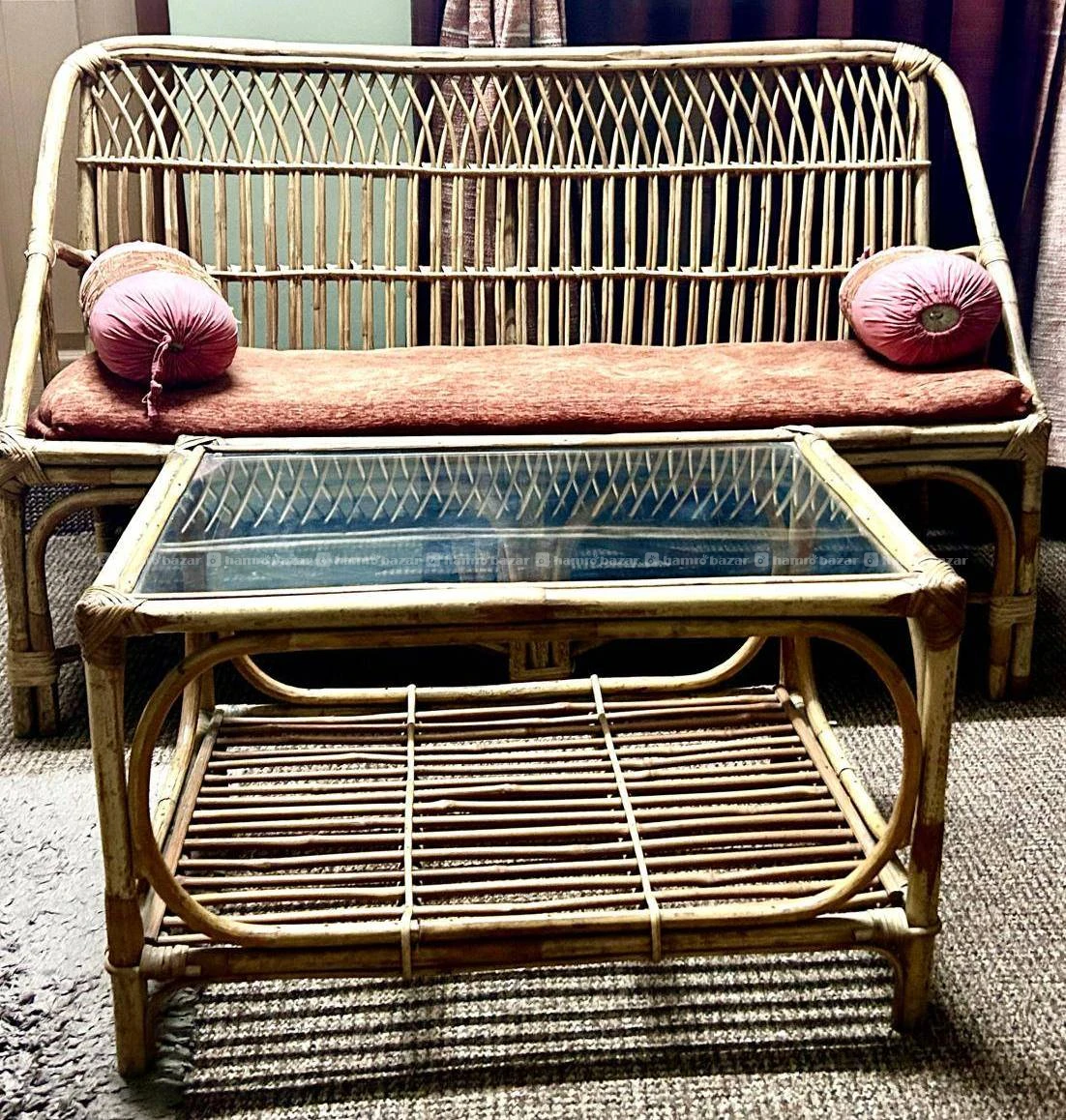 Cane seater with coffee table and cushions
