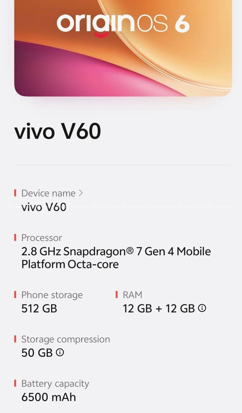 Vivo V60 5G 12Gb RAM 512 Gb Storage