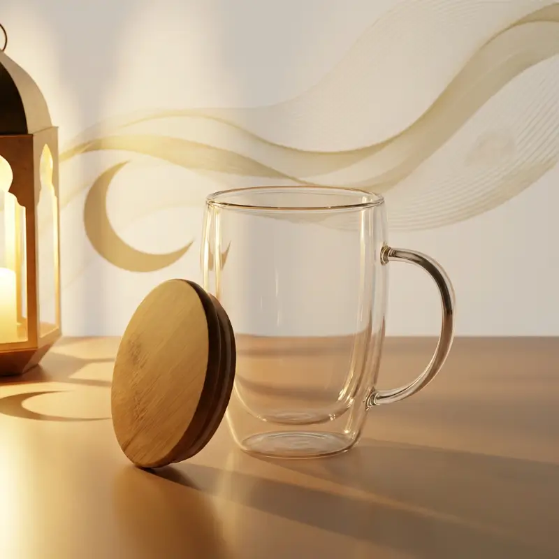 Double-walled glass travel cup with bamboo lid