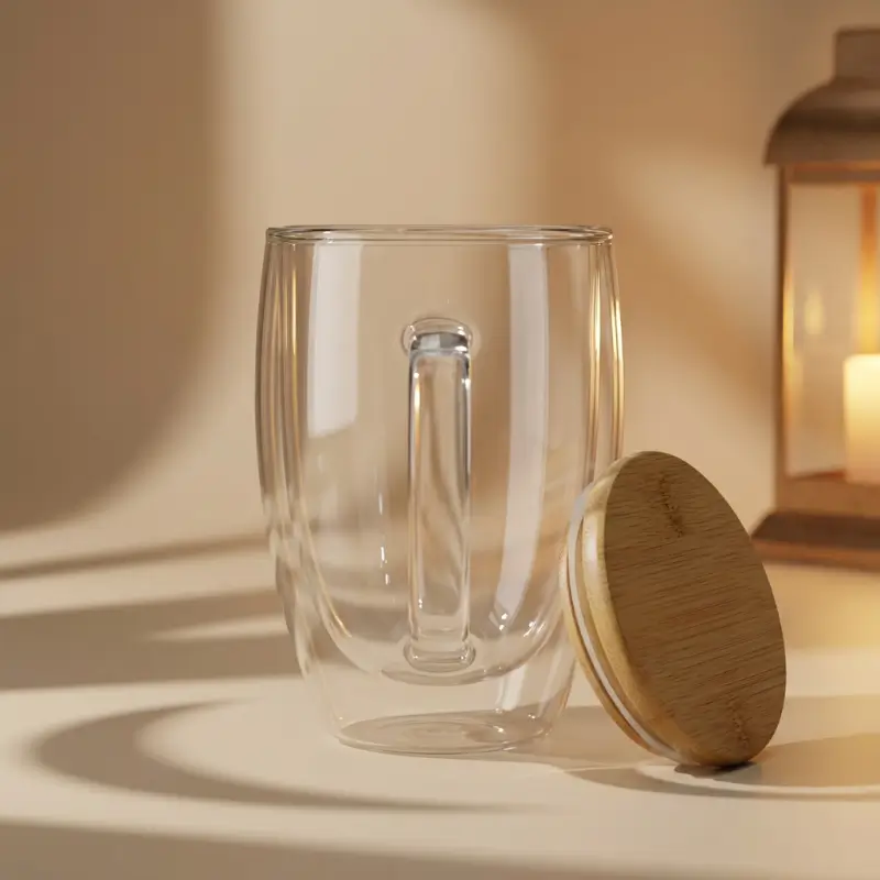 Double-walled glass travel cup with bamboo lid