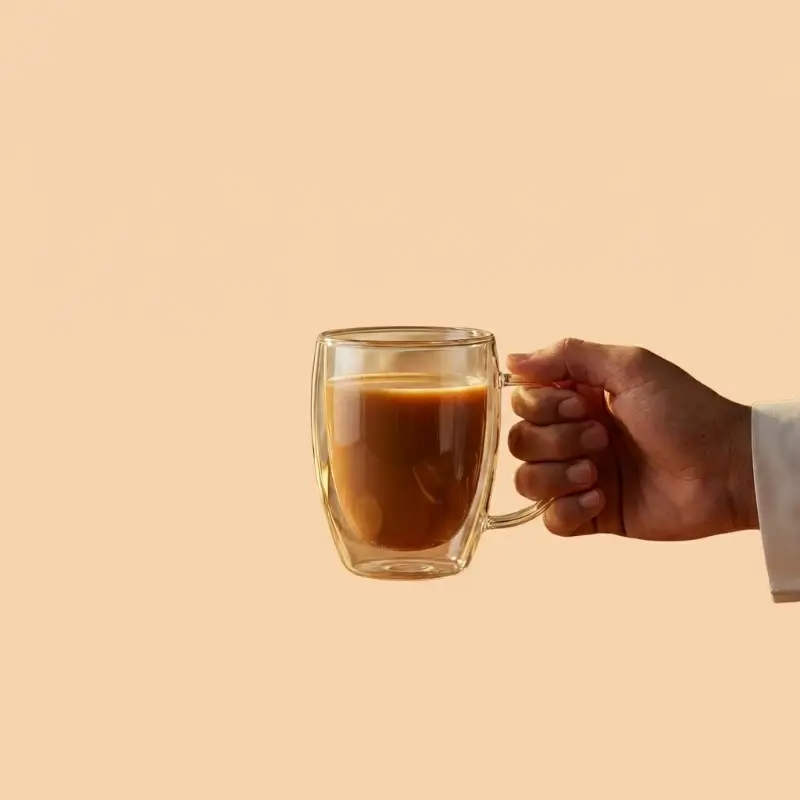 Double-walled glass travel cup with bamboo lid