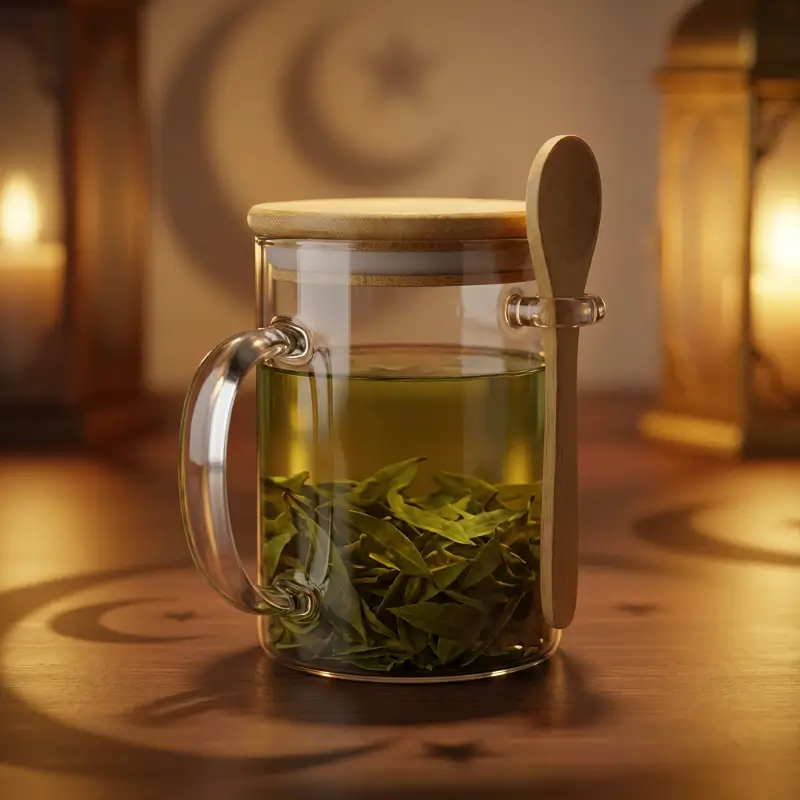 Glass cup with bamboo lid And Spoon