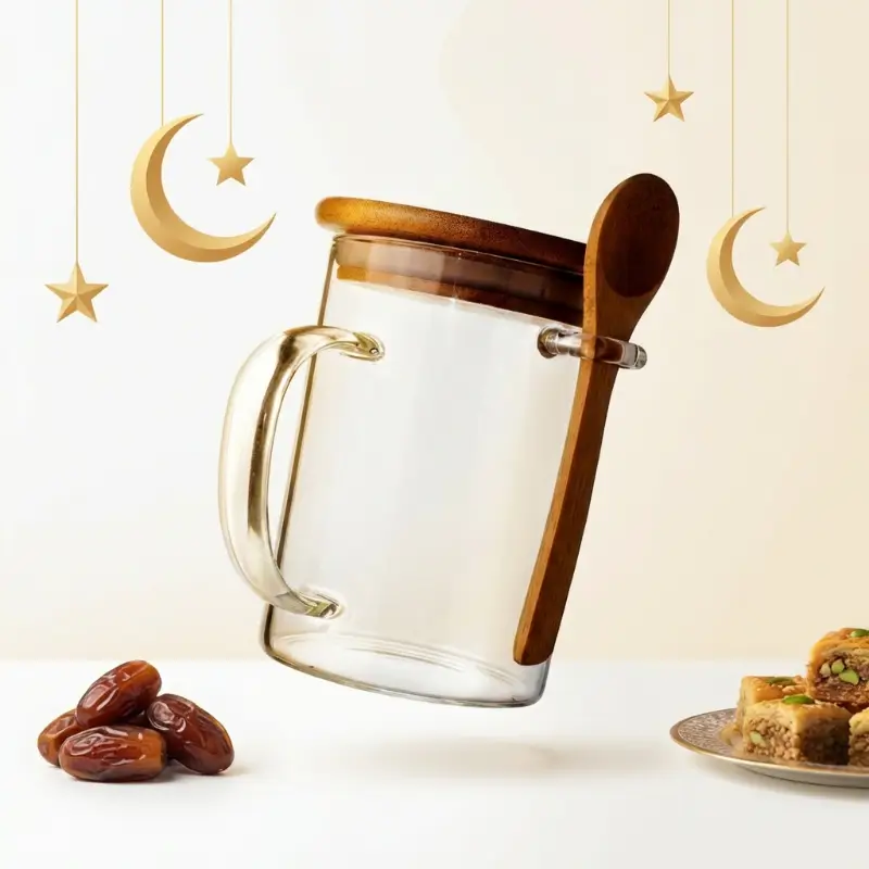 Glass cup with bamboo lid And Spoon