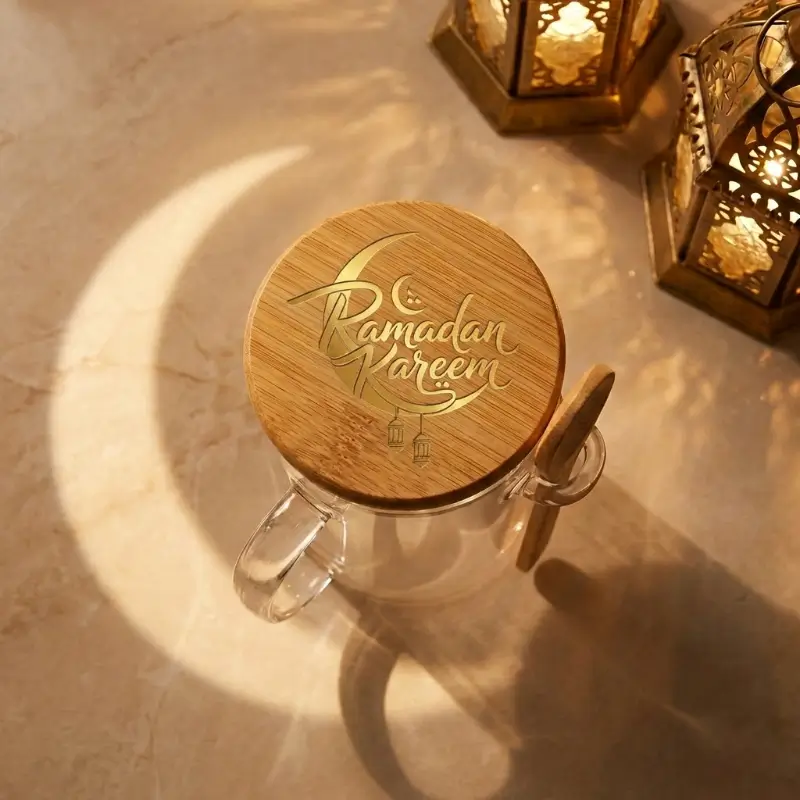 Glass cup with bamboo lid And Spoon