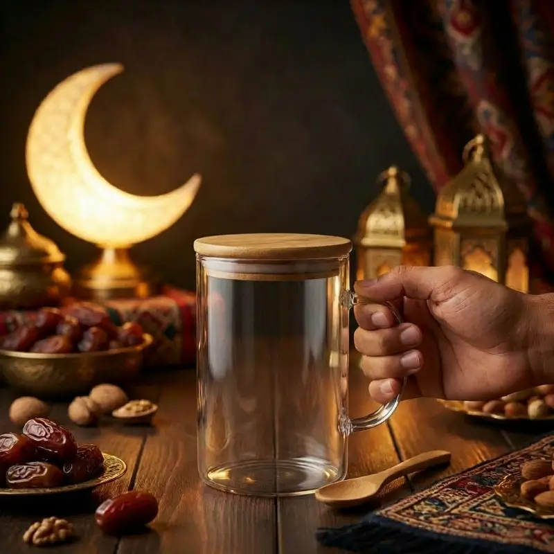 Glass cup with bamboo lid And Spoon