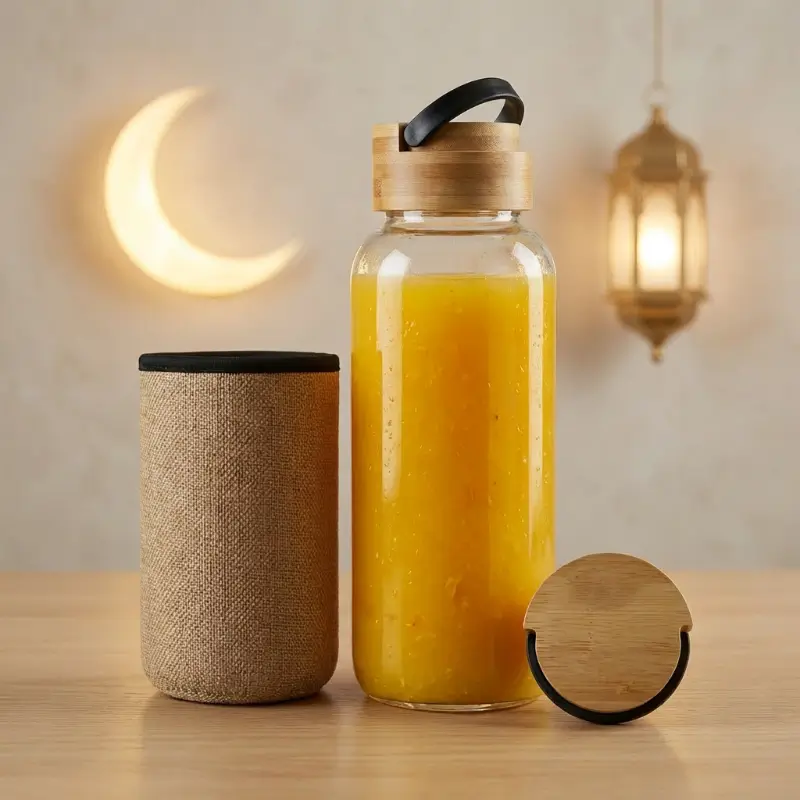 Glass Bottle with Bamboo Lid & Eco-Friendly Sleeve – 1000 ml