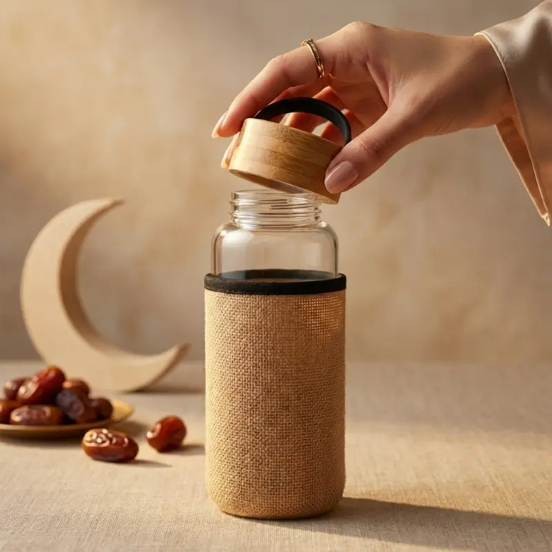 Glass Bottle with Bamboo Lid & Eco-Friendly Sleeve – 1000 ml