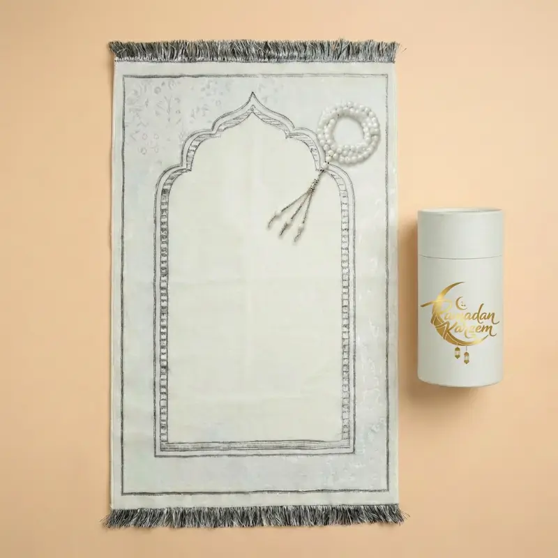 Prayer Mat with  Tasbih in Tubular Box White