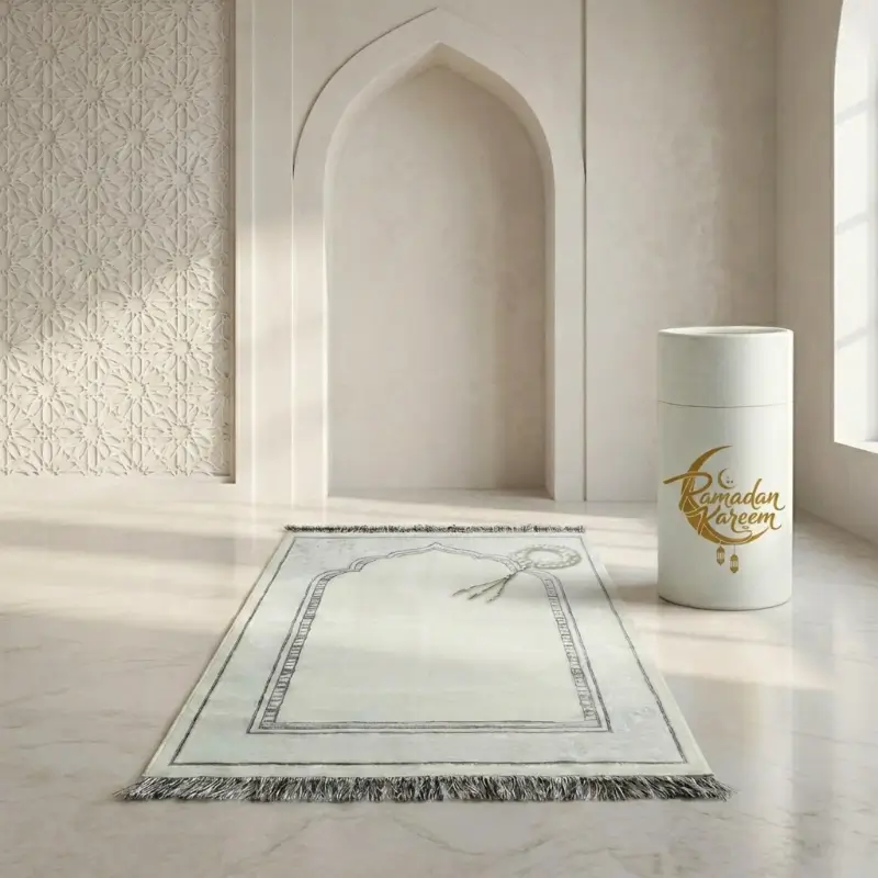 Prayer Mat with  Tasbih in Tubular Box White
