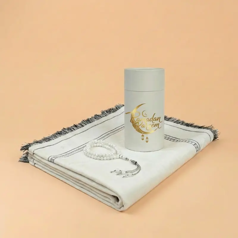 Prayer Mat with  Tasbih in Tubular Box White