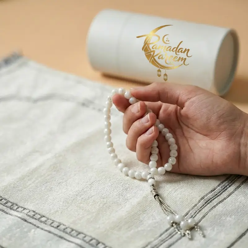 Prayer Mat with  Tasbih in Tubular Box White