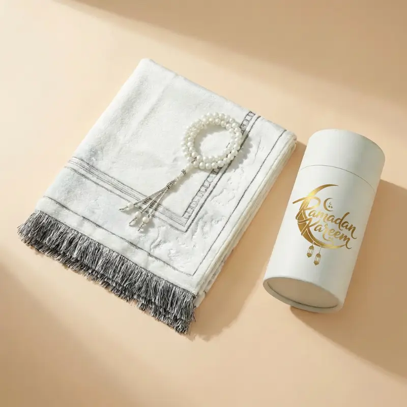 Prayer Mat with  Tasbih in Tubular Box White