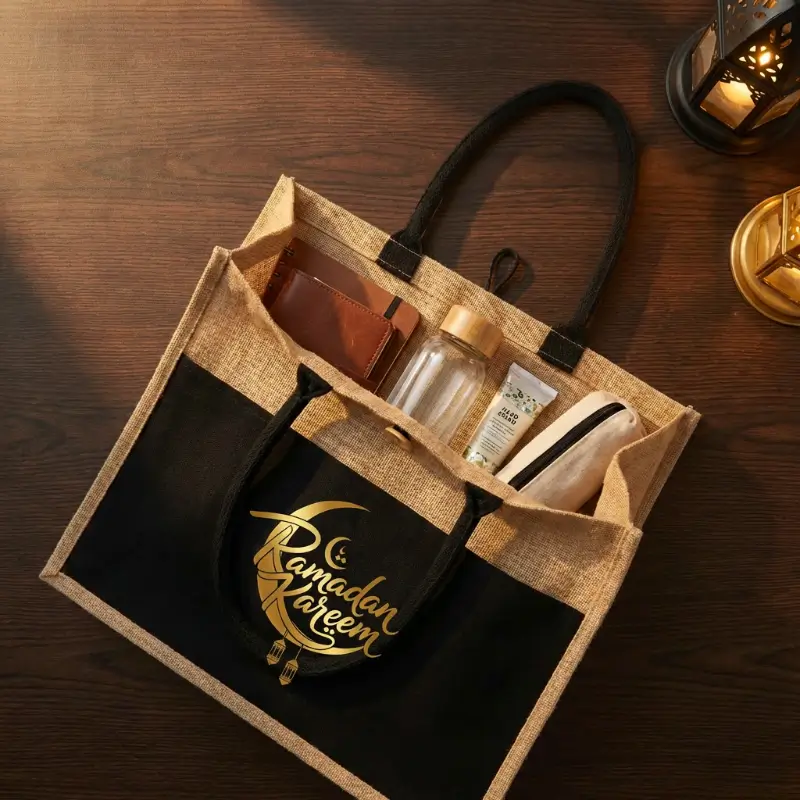 Natural Jute Tote Bag with Black Cotton Pocket & Handle