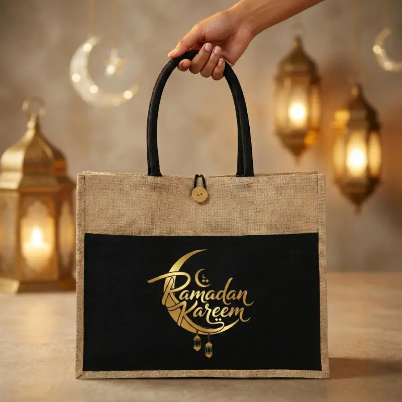 Natural Jute Tote Bag with Black Cotton Pocket & Handle