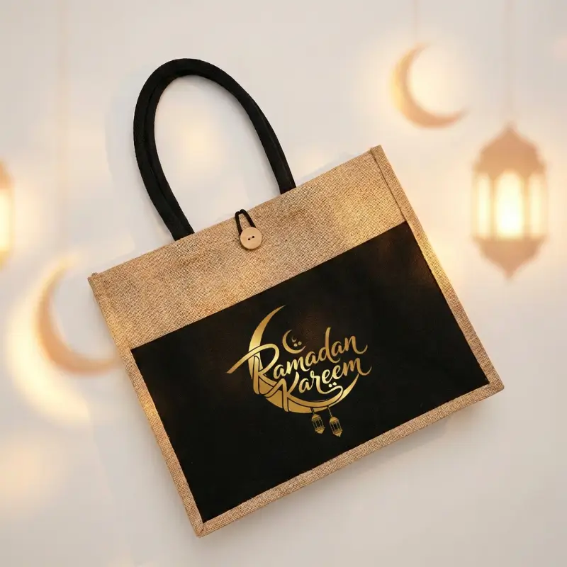 Natural Jute Tote Bag with Black Cotton Pocket & Handle