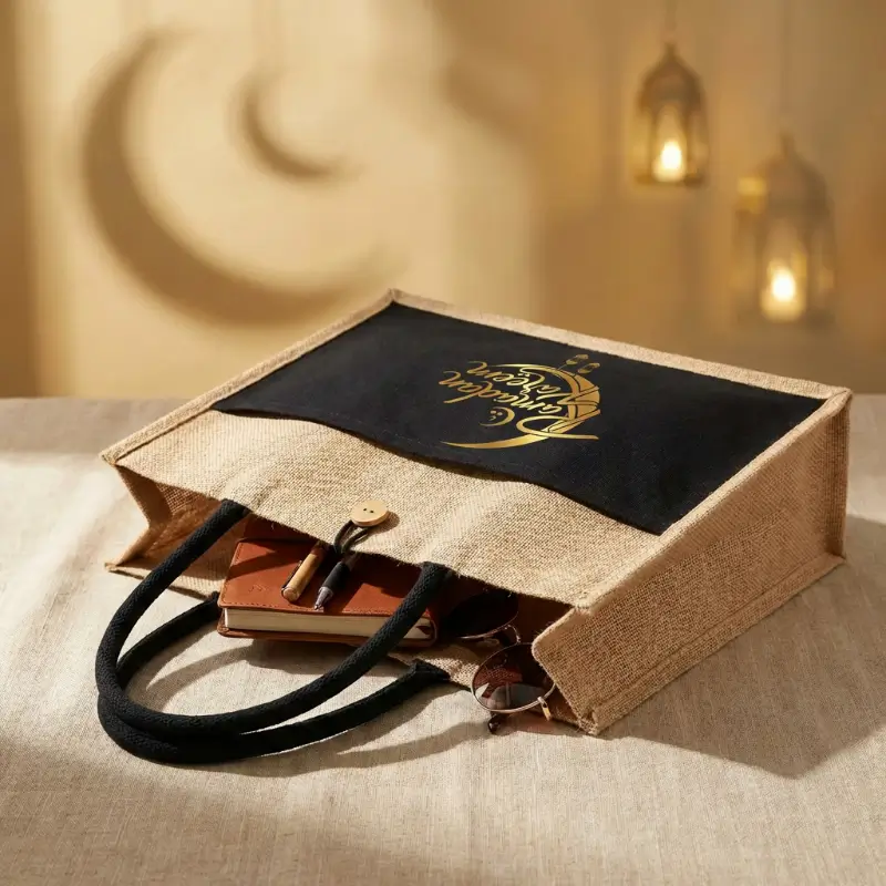 Natural Jute Tote Bag with Black Cotton Pocket & Handle