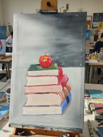 Original Handmade Acrylic Painting, Books & Red Apple Still Life,