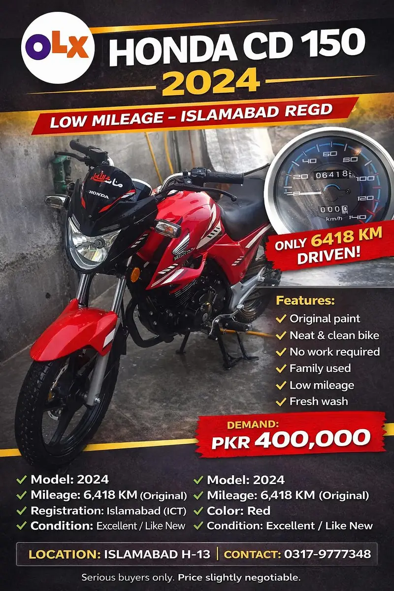 Honda CD 150 2024 Model – Low Mileage – Islamabad Registered