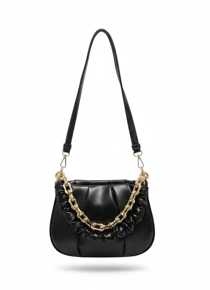Elegant Black Ruched Chain Shoulder Bag for Women