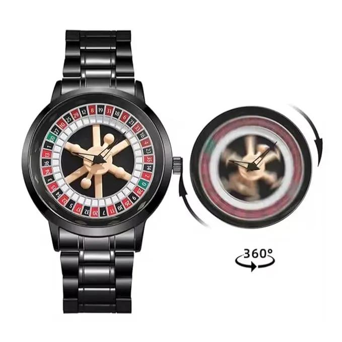 Branded Men's Roulette Watch Fashionable Colorful Quartz Watch 360 Rotating Dial Casual Fashion Silver and Black Stainless Steel Men's &Boy's Luxury Gift Watch     black chain roulette