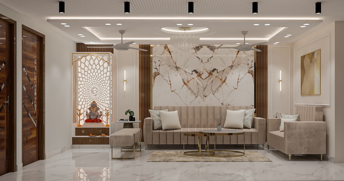 Two families meeting for chai in a warmly decorated Indian living room, first rishta meeting setting