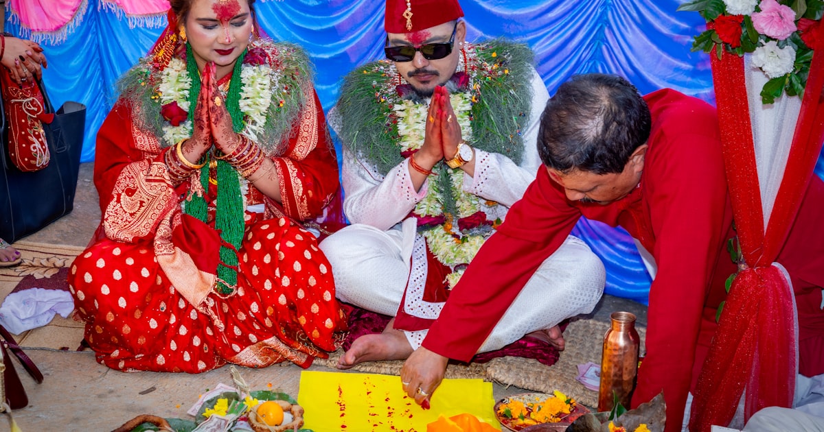 Split image showing a traditional arranged marriage meeting on one side and a couple on a date on the other, warm tones