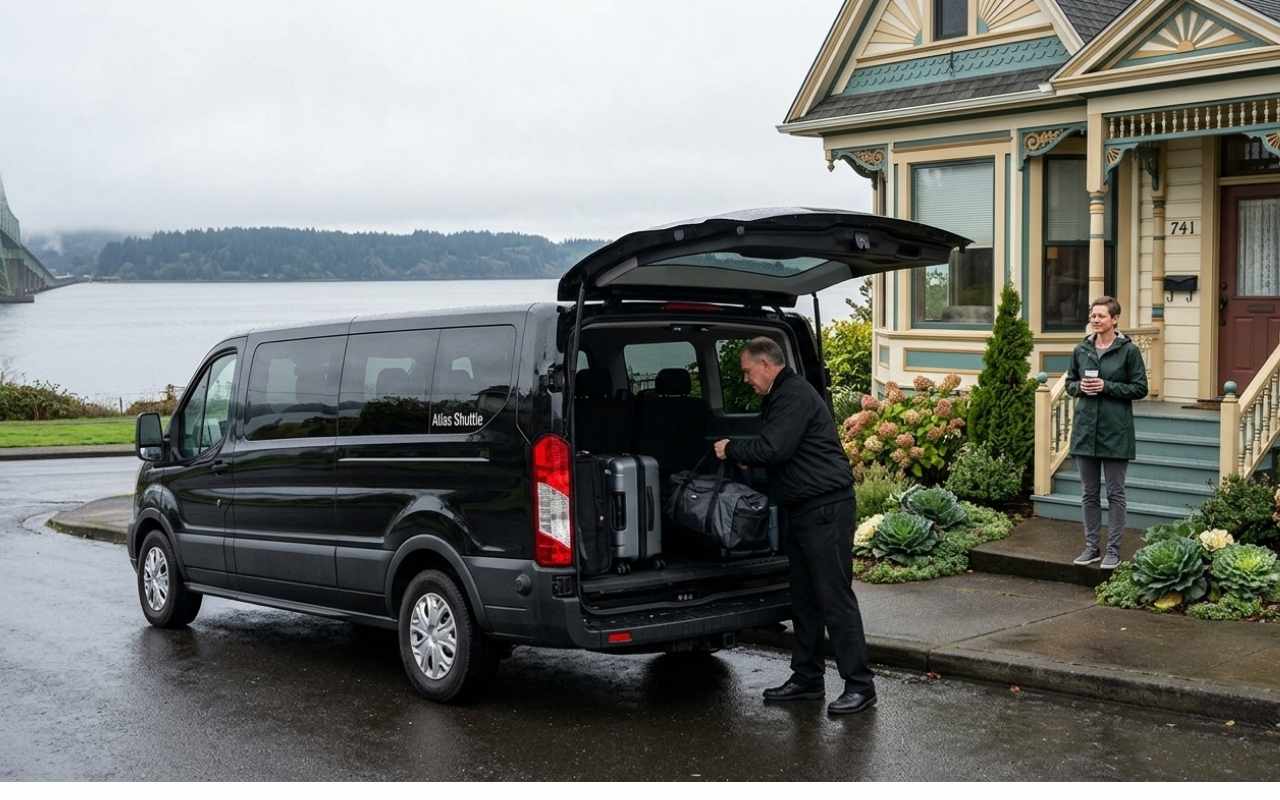 Airport shuttle vehicle in Astoria