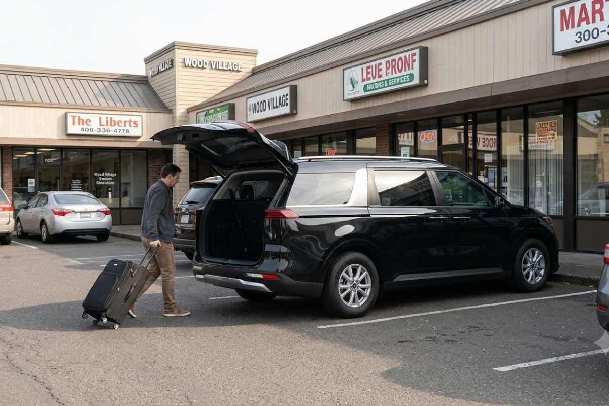 Airport shuttle vehicle in Wood Village