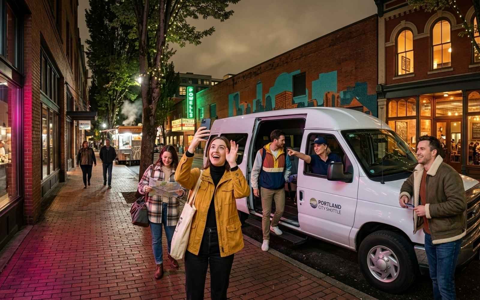 Visitors Exploring Portland Nightlife